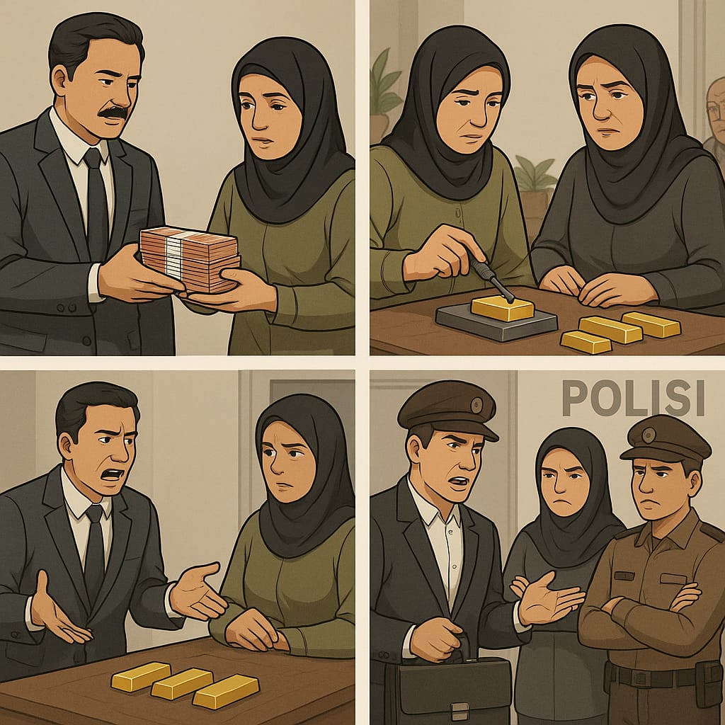Ilustrasi kronologi kasus dugaan penipuan investasi emas di Ambon.